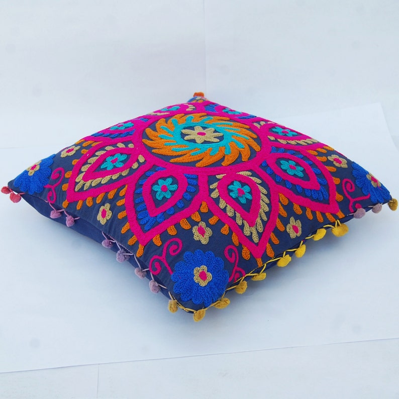 Beautiful Multicolored Handmade Wool Embroidered Indian Pillow Etsy