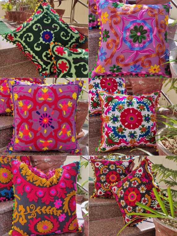 Ethnic Suzani Cushion Cover 16x16 Vintage Embroidered Cotton Throw Pillow Cases 