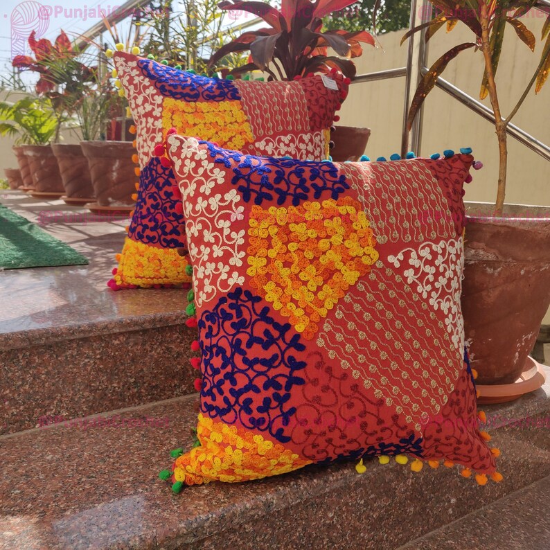 Indian Handmade De Algodón Cubierta para Cojín Funda Almohada bordados a mano tirar