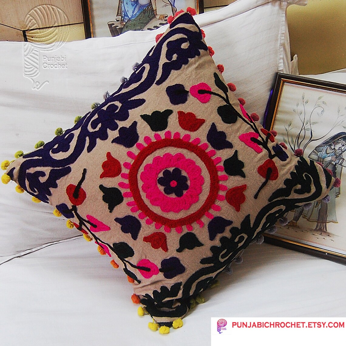 16 X 16hand Embroidered Cotton Pillow Cover Square Sofa Etsy