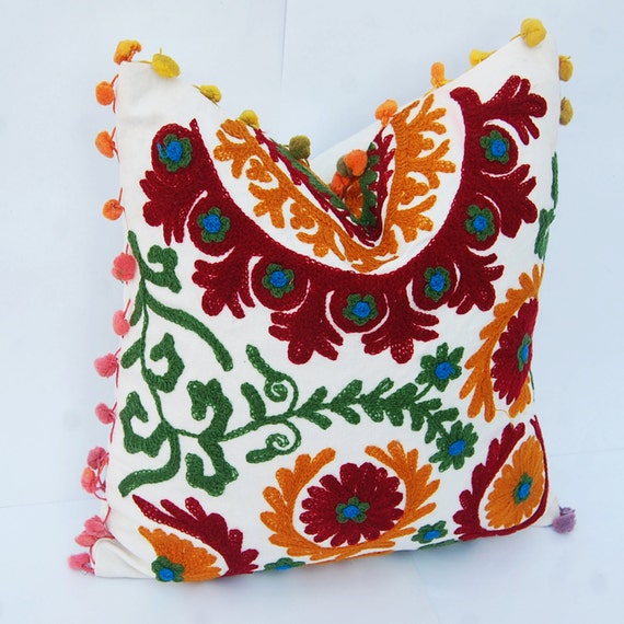 Indian Embroidered Pillows Suzani Cushion Cover Uzbekistan Etsy