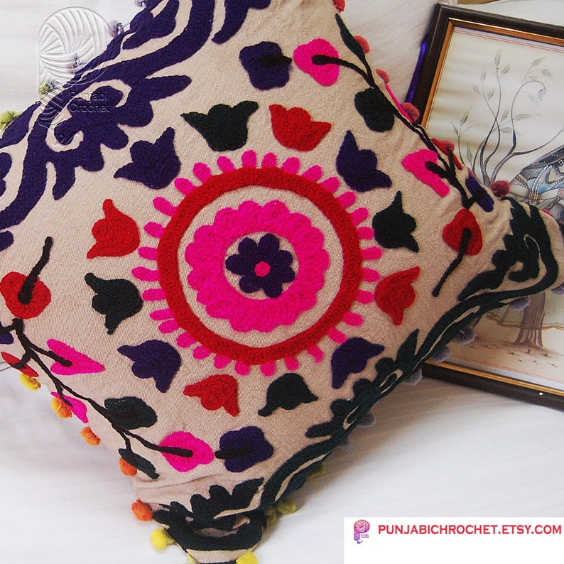 16 X 16hand Embroidered Cotton Pillow Cover Square Sofa Etsy