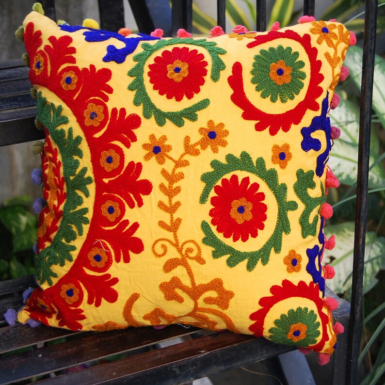 Cotton Pillow Covers Yellow Handmade Woolen Embroidered Suzani Etsy