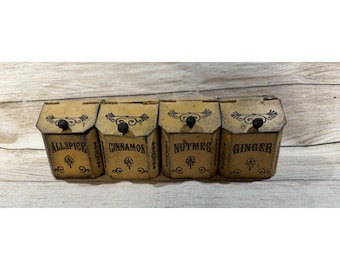 Juego de 4 botes de especias de metal vintage: pimienta de Jamaica, canela, nuez moscada, jengibre, GTubE
