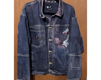 Y2K Raw Blue Denim Embroider Purple Washed Distressed Skater Hip Hop Jacket XL U