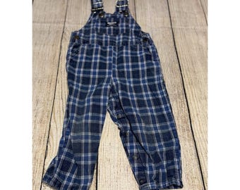 Vintage jaren 90 OshKosh B'Gosh vestback blauwe geruite denim overall maat 2T (tub32)
