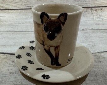 Vtg Blue Witch Ceramic 3D Siamese Cat Espresso Cup & Saucer Set Hand-Painted