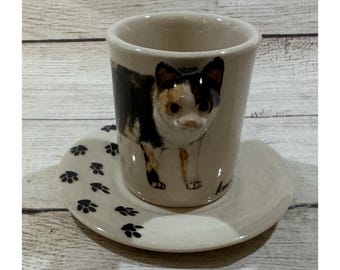 Blue Witch Ceramic 3D American Wirehair Cat Espresso Cup & Saucer Hand-Painted