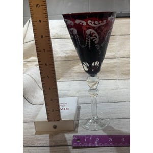 May include: A tall, elegant wine glass with a deep red bowl that fades to black. The glass features intricate white etched designs and a clear, decorative stem. The glass measures approximately 9 inches in height.
