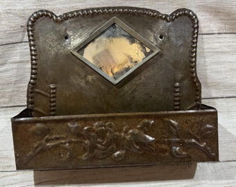 Antique Victorian Pressed Tin Wall Pocket Mirror Match Holder c. 1890's GTubE