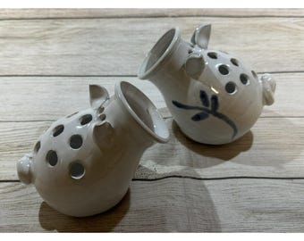 Unique Whimsical Set of 2 Pig Vases Potpourri Stoneware Pottery Kitschy