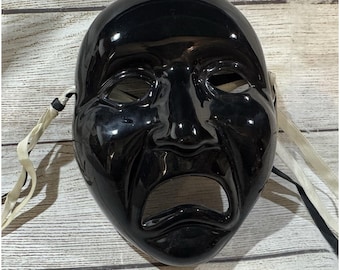 Vintage Taiwan Hand Painted Ceramic Porcelain Wall Mask Black Jester Sad Face