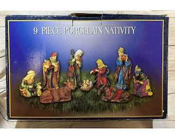 Vintage  9 piece Porcelain Nativity Set Holy Family 3 Wisemen Donkey Cow NOS