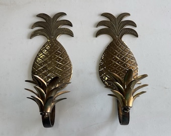 Lot of 2 Mid Century Modern Solid Brass Pineapple Wall MCM Candle Holders GTubH9