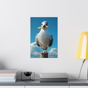 Arte de pared de gaviota con papas fritas, arte de aves costeras, impresión de gaviota, arte de pared de casa de playa, estética náutica, regalos únicos para amantes de las gaviotas