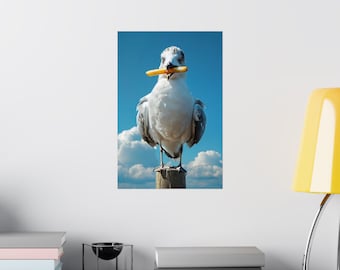 Seagull with French Fry Art Print, Beach House Coastal Decor