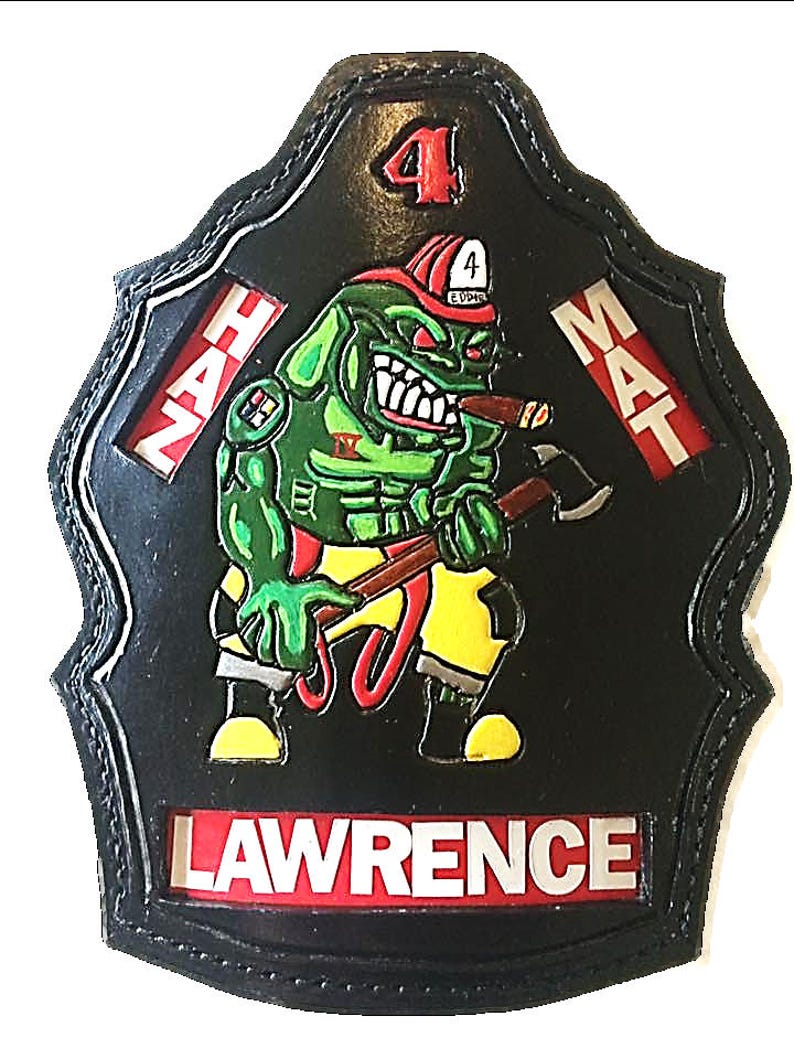 CUSTOM LEATHER SPECIALTY Firefighter Gift Personalized Fire Helmet Shield Patch custom made leather Fireman RetirementPromotion