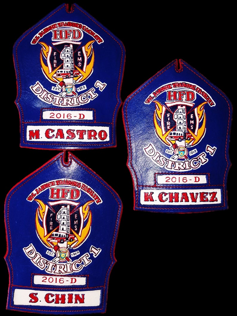 CUSTOM LEATHER SPECIALTY Firefighter Gift Personalized Fire Helmet Shield Patch custom made leather Fireman RetirementPromotion