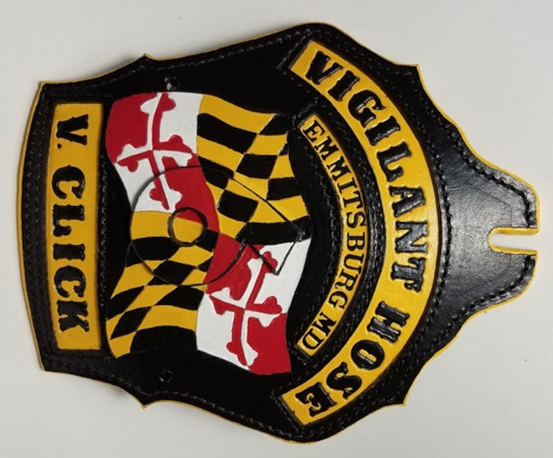CUSTOM LEATHER SPECIALTY Firefighter Gift Personalized Fire Helmet Shield Patch custom made leather Fireman RetirementPromotion