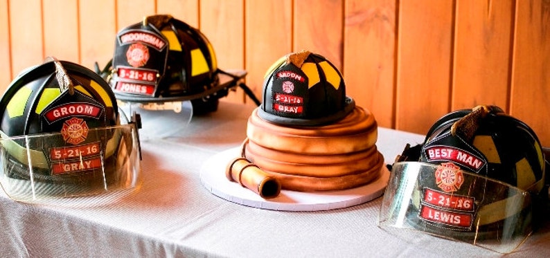 Set of 3 Firefighter Gift Personalized Fire Helmet Shield Wedding/Event CUSTOM MADE LEATHER Fireman Retirement Gift Baby Gift Unique image 2