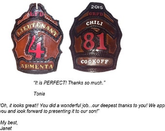 CUSTOM LEATHER Shield Front Patch Plaque Custom Made Leather Fireman Retirement Gift Promotion Event Award
