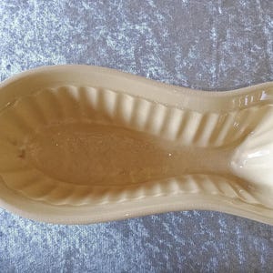Op de afbeelding: Een beige, visvormige keramische schaal. De schaal heeft een geribbelde binnenkant en een gebogen, vinachtig ontwerp aan beide uiteinden. De schaal is leeg en ligt op een gestructureerd, lichtblauw oppervlak. Deze decoratieve schaal is geschikt voor het serveren van voedsel.