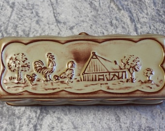 Vintage Königskuchen Großmutters Keramik Backform mit Bauernhofmotiv
