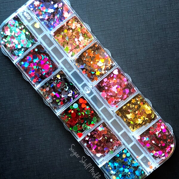 12 Asst Mini Rainbow Holgraphic Laser Heart Star Polka Dot Mix Glitter Shapes Confetti