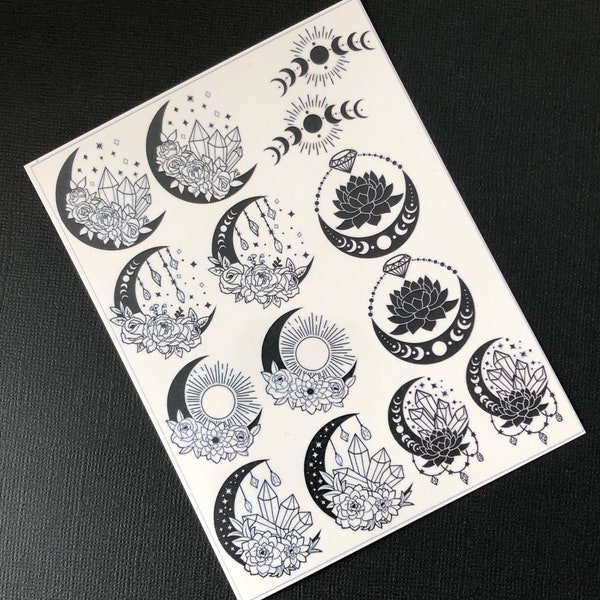 Water Slide Image Transfer Decal Sheet For Polymer Clay Ceramic Glass Candles Resin - Crystals Moon Phase Lotus