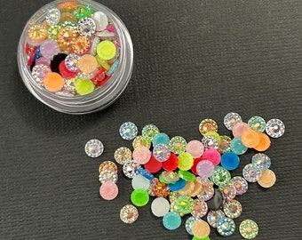 5 Gram Jar Of Mini Round Ornate Resin Gem Cabochon Glittery Jewel Confetti Flatbacks Bling Stones