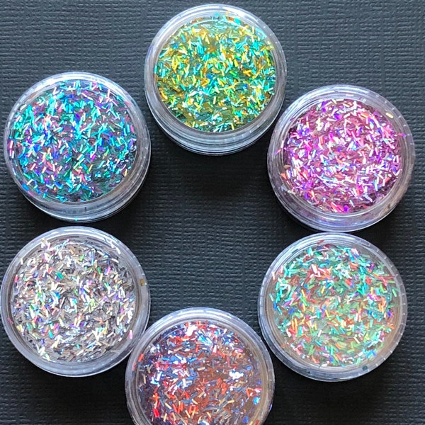 6 Jars Of Holographic And Metallic Tinsel Shred Glitter Mixes