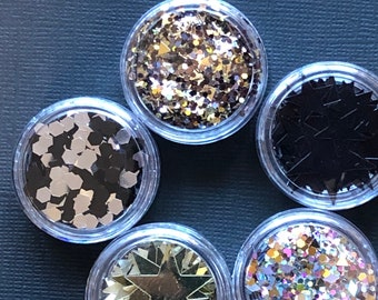 5 Jars Of Jumbo Metallic Star Shapes and Glitter Mixes Black Silver and Gold