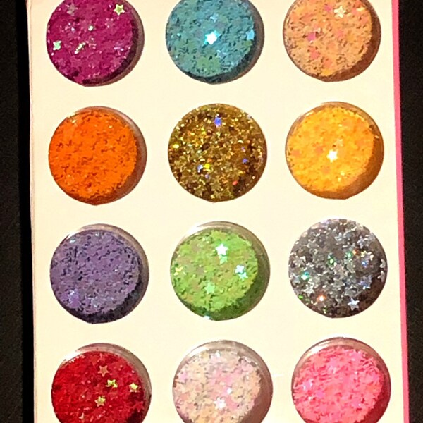 12 Jars Of Assorted Mini AB Rainbow Glitter Stars 3mm
