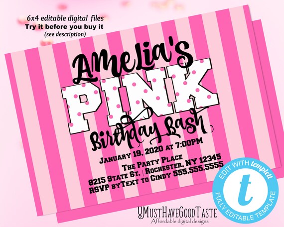 Teen Girl Birthday Party Invitation Pink Secret Pink Etsy