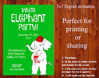 Printable, White Elephant Party invitation, 5x7 personalized, custom, Christmas party, downloadable, gift exhange