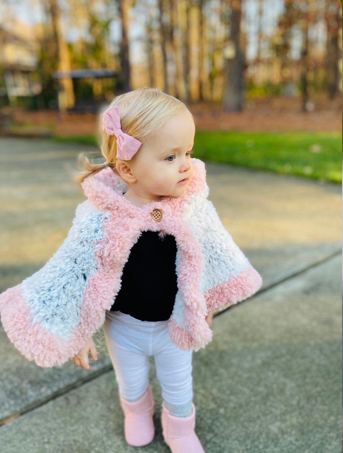 Toddler Girls Cute Pink Trim Handmade Faux Fur Poncho Crochet Easter Capelet Cape Dance Ballet Pullover Cover Up Winter Hooded
