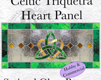 Puede incluir: Patrón de vitral con un diseño de corazón celta Triquetra. El patrón está en tonos de verde, dorado y marrón. El texto "Hobby & Commercial" es visible en la esquina inferior derecha.