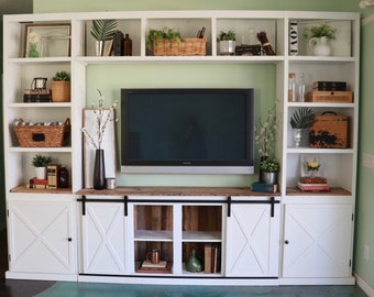 farmhouse sliding barn door media console with side towers wall unit built in - Sliding Barn Door Entertainment Center farmhouse sliding barn door media console with side towers wall unit built in - Sliding Barn Door Entertainment Center