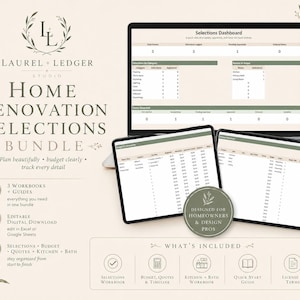 May include: A digital home renovation selections bundle displayed on a laptop and two tablets. The bundle includes workbooks, guides, and editable digital downloads. The design is in shades of green and beige, with text that reads "Home Renovation Selections Bundle."