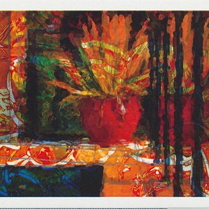 May include: Abstract painting featuring a vibrant mix of colours, including red, orange, yellow, green, and blue. The painting has a central focal point of a red and orange shape, surrounded by a variety of brushstrokes and textures.