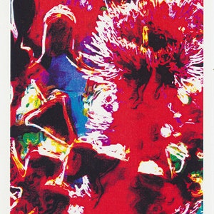 Greeting card abstract of red flowering gum flowers and pods by artist Tony Brindley from Cloud Publishing