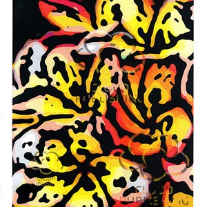 Wand Kunst ungerahmt A3 Frangipani Blumen Dekor gelb orange rosa Blumen im Holzschnitt Stil mit Bonus Grußkarte