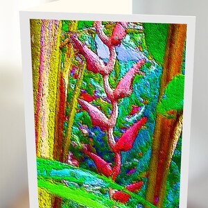 Greeting card of a pink red hanging heliconia flower from Cloud Publishing