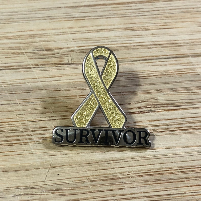 Alveolar Rhabdomyosarco Childhood cancer Neuroblastoma Osteosarcoma Embryonal Rhabdomyosarcoma Gold SURVIVOR awareness ribbon pins