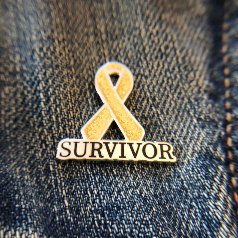Alveolar Rhabdomyosarco Childhood cancer Neuroblastoma Osteosarcoma Embryonal Rhabdomyosarcoma Gold SURVIVOR awareness ribbon pins