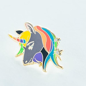 Gray Unicorn with Rainbow Hair Enamel Pin – Fantasy Unicorn Gift, Collectible Lapel Pin
