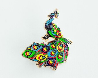 Pin de esmalte de pavo real: accesorio animal colorido (1,5", doble poste)