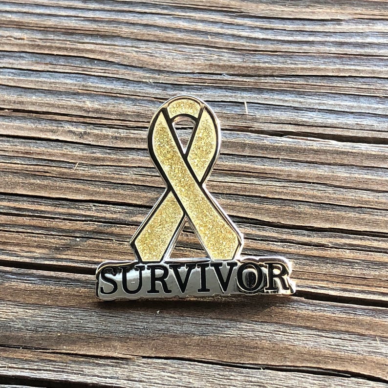 Alveolar Rhabdomyosarco Childhood cancer Neuroblastoma Osteosarcoma Embryonal Rhabdomyosarcoma Gold SURVIVOR awareness ribbon pins