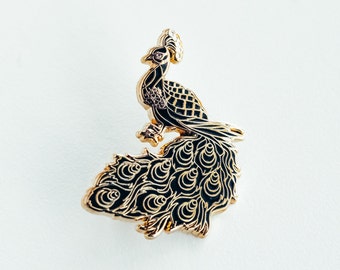 Black and gold peacock with jewel crown lapel pin - hard enamel animal bird pin badge pinback kawaii