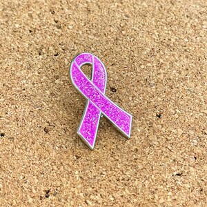 Pink awareness ribbon enamel pin with glitter -  Breast cancer awareness